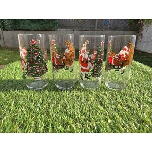 Vtg Luminarc Christmas 4 Glasses Tumblers Santa Claus/Reindeer/Sleigh/Tree 16oz